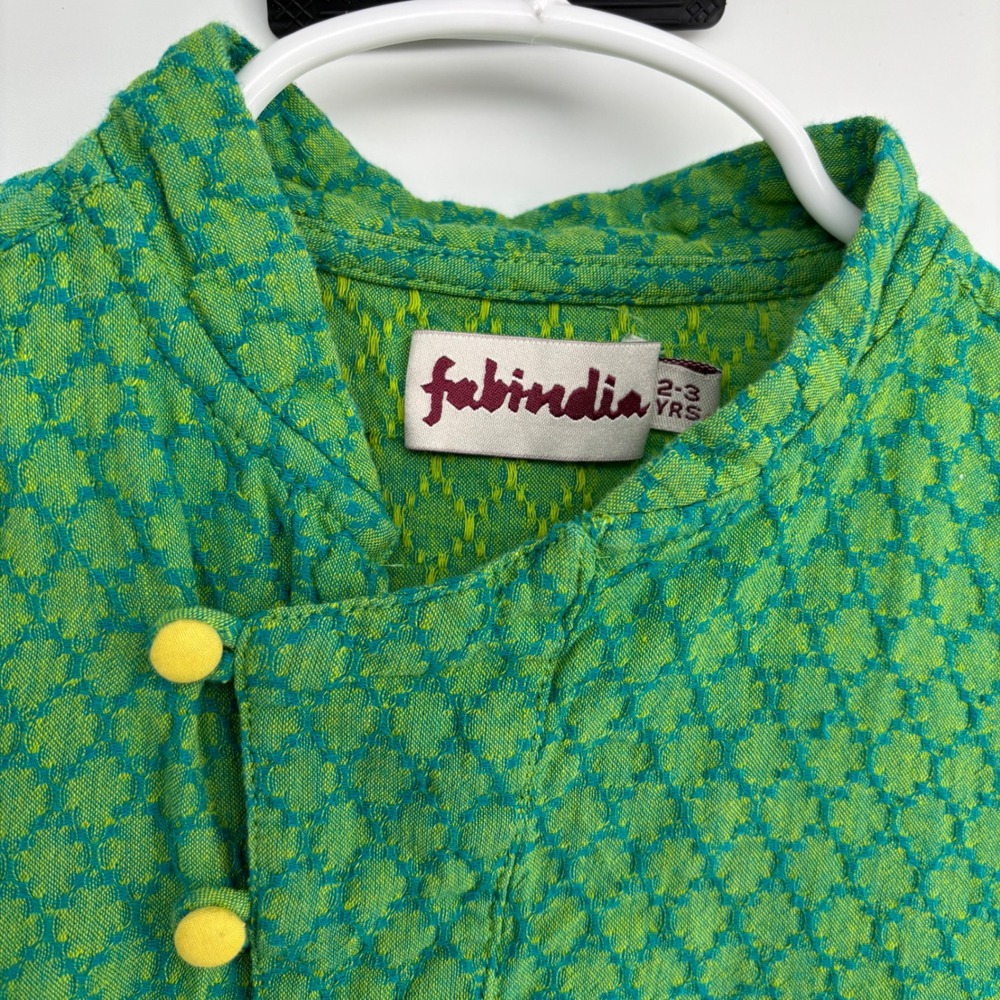 Fabindia Kurta Kids 2-3 Years Green Cotton Long Sleeve Button Ethnic Tunic Top - Picture 2 of 9